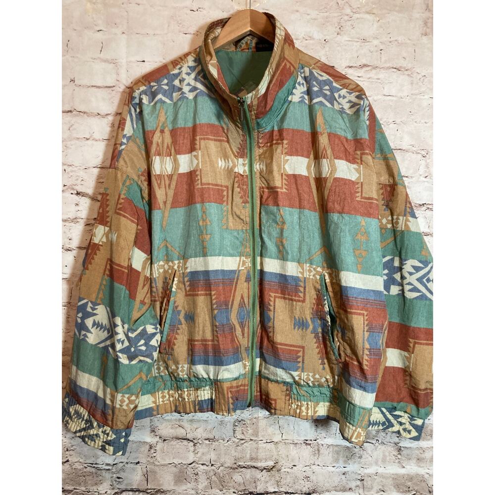Vintage Andy Johns Jacket Womens Large Aztec Navajo Full Zip Satin Lightweight